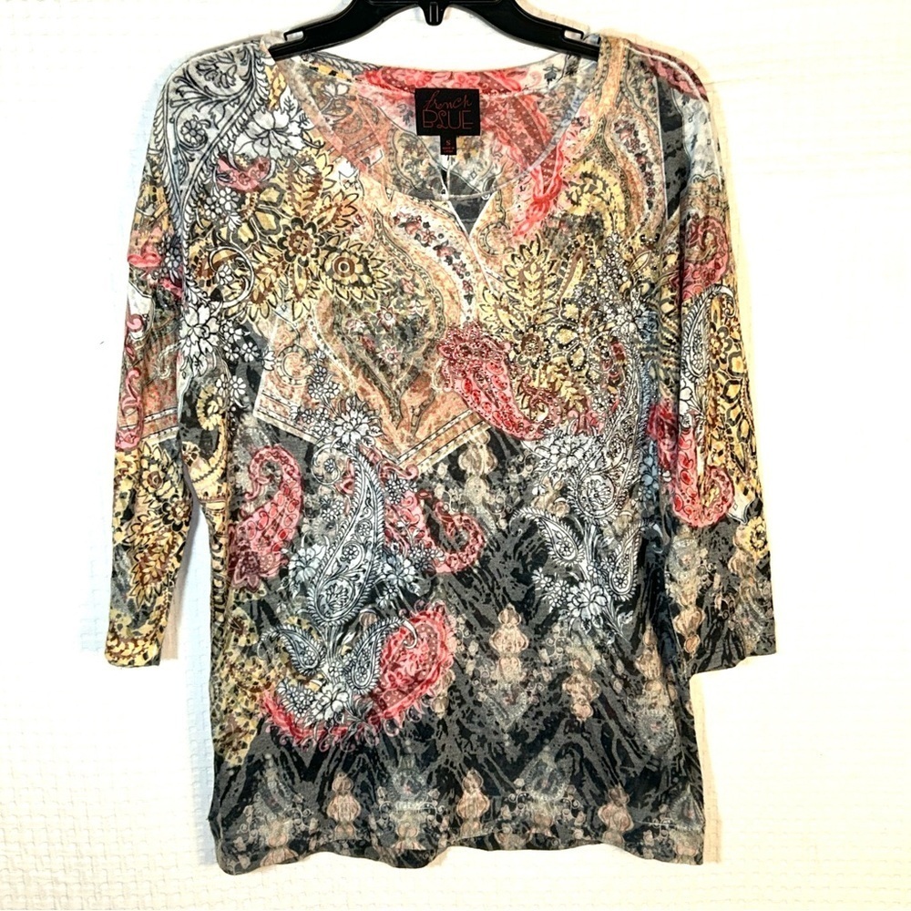 French Blue Top Size S Paisley Geometric Beaded Multicolor 3/4 Sleeve Semi-sheer